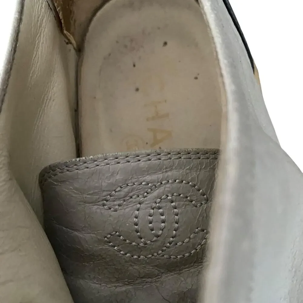 Chanel Calfskin Lace Up Cap Toe Sneakers size 38 US 8 Gray Grey Black - Picture 5 of 12